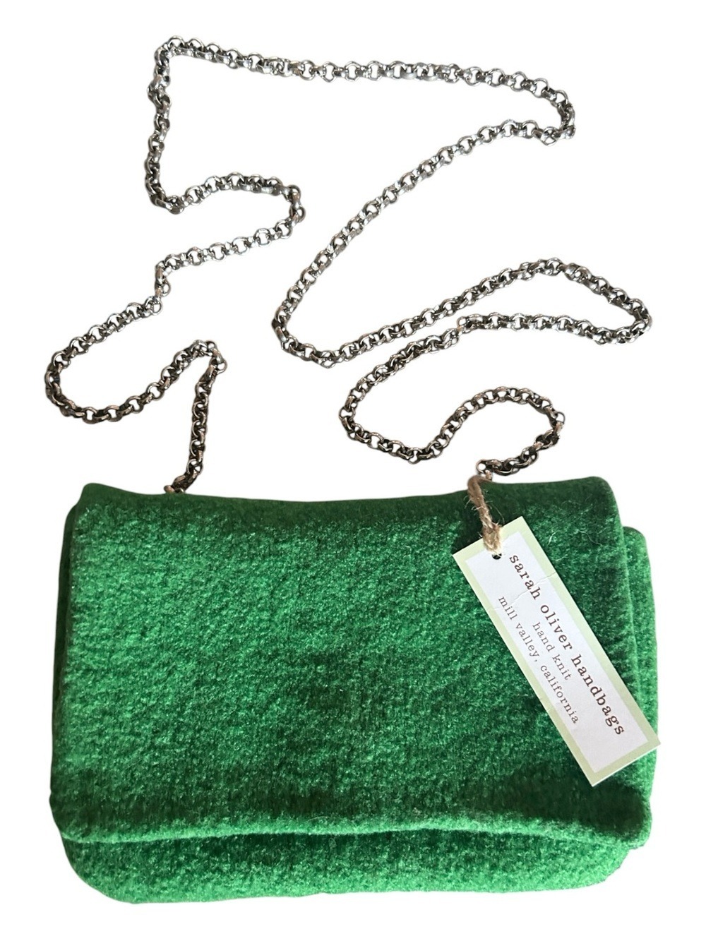 SARAH OLIVER Handmade Crossbody Green Boiled Wool Silver Chain Clutch Pouch